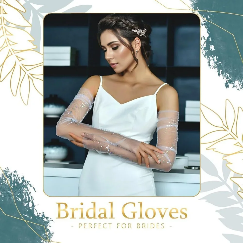 Women's Snow White Tulle Pearl Long Sleeves Gloves Bridal Party Prom Costumes